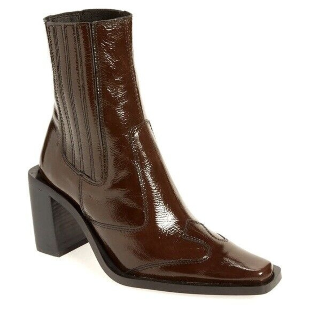 Topshop Womens Brown Patent Leather Square Toe Honduras Heel Booties Size 6.5